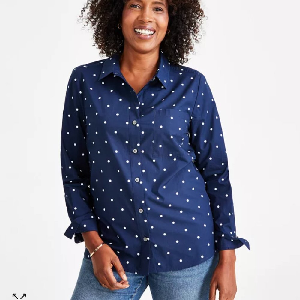 NWT Macy’s Style & Co Petite Printed Perfect Shirt in PS Petite Small, Polka Dot
